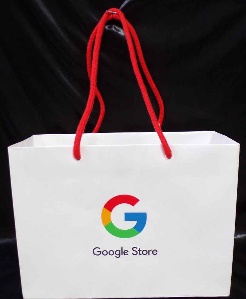 GOOGLE STORE WHITE PAPER TOTE REUSABLE GIFT BAG 10 x 4 x 7 WITH RED HANDLES