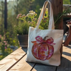 Disco Pumpkin Canvas Tote Bag,Fall Autumn Canvas Bag,Bow Pumpkin Canvas Tote …
