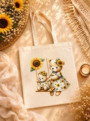 Cute Sunflower Bear Tote Bag | 100% Cotton Canvas Bag