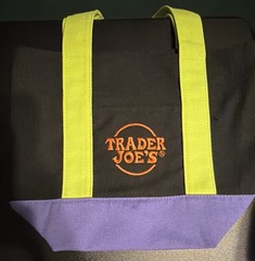 Trader Joe’s Small Canvas Colorblock Tote Bag Black/Green Straps Purple Base