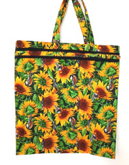 Reusable Shopping Tote Bag Sunflowers Birds Foldable Multicolor Cotton Handmade