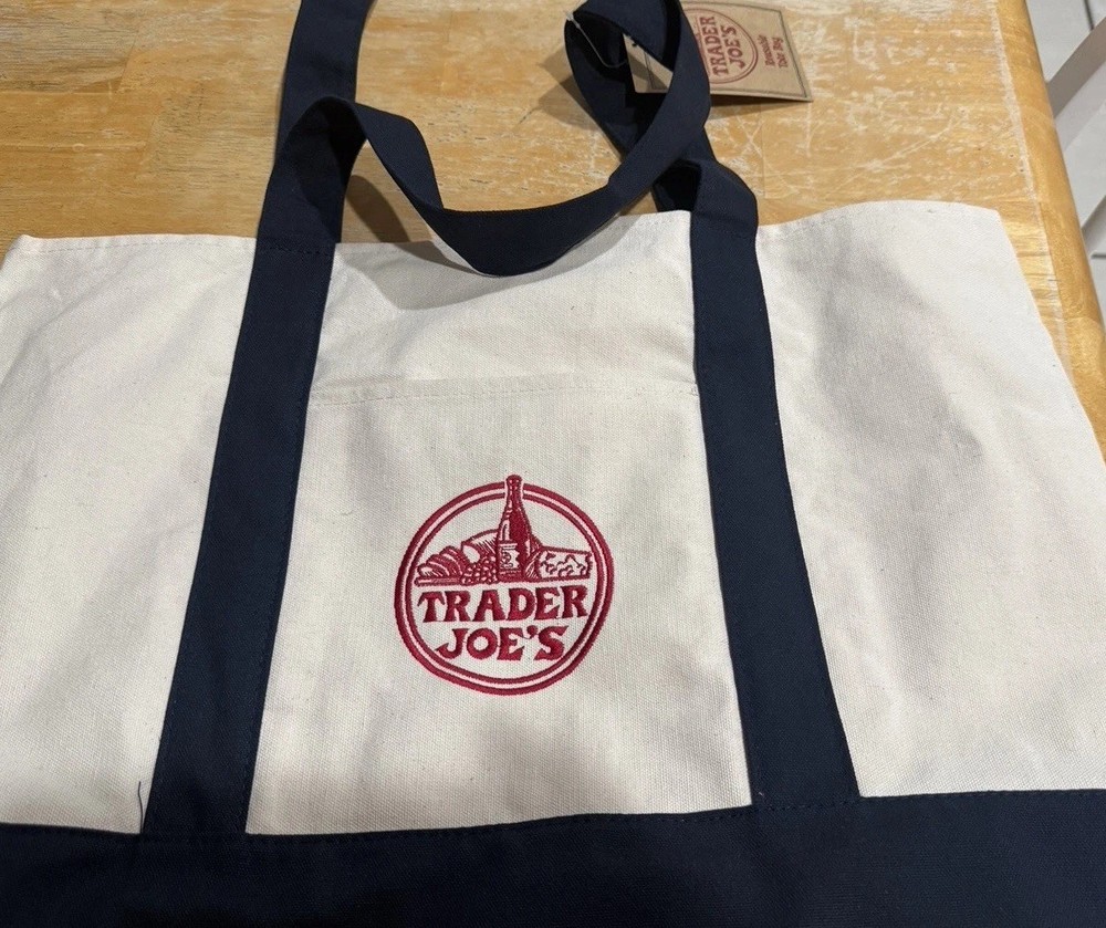 Trader Joe’s Canvas Tote Bag Color Block Beige Navy Blue Zippered Pocket