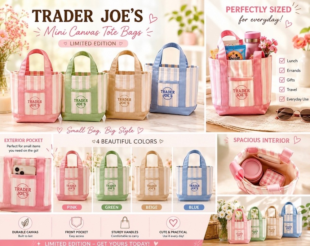 Trader Joe’s Mini Tote Bag 4-Pack Set Pink Blue Green Beige New