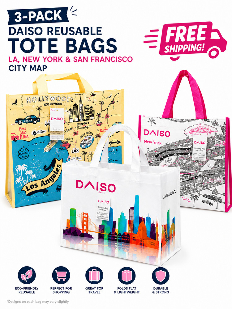 Daiso Reusable Tote Bag 3-Pack LA NYC San Francisco City Map Travel Eco Bags