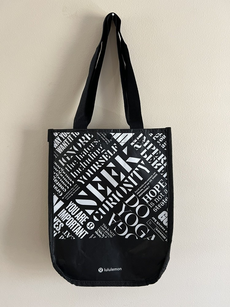 Lululemon Small Reusable Tote Bag Snap Button Black & White With All Over Print