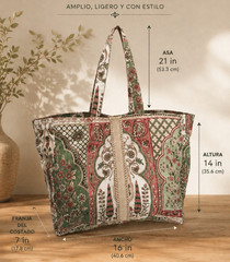 Reusable Floral Tote Bag Green Red White 16 in L x 14 in H x 7 in W