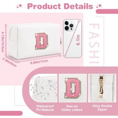 Small Initial Patch Makeup Bag Personalized Gifts Make Up D, White-Pink
