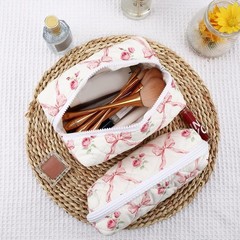 URSKYTOUS 2Pcs Cotton Quilted Makeup Bag for Women Girls Coquette Pink Bow