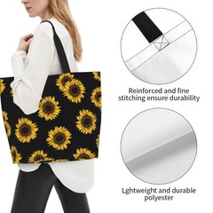 Funny Sunflower Theme Grocery Large Tote Bag Yellow Floral Print Handbags