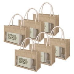 Burlap Jute Tote Transparent PVC Film Window Reusable Beach Grocery Bag 6 PCS