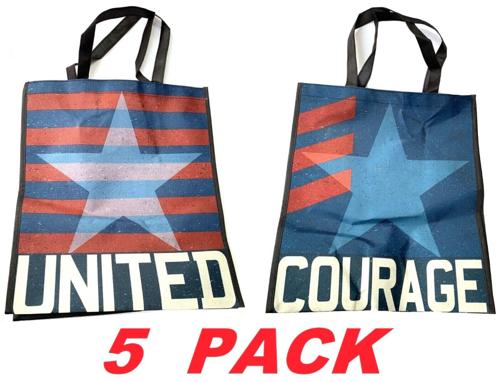 USA Patriotic United Courage Reusable Tote Bag 100% Recycled Shopping Bags 5PACK