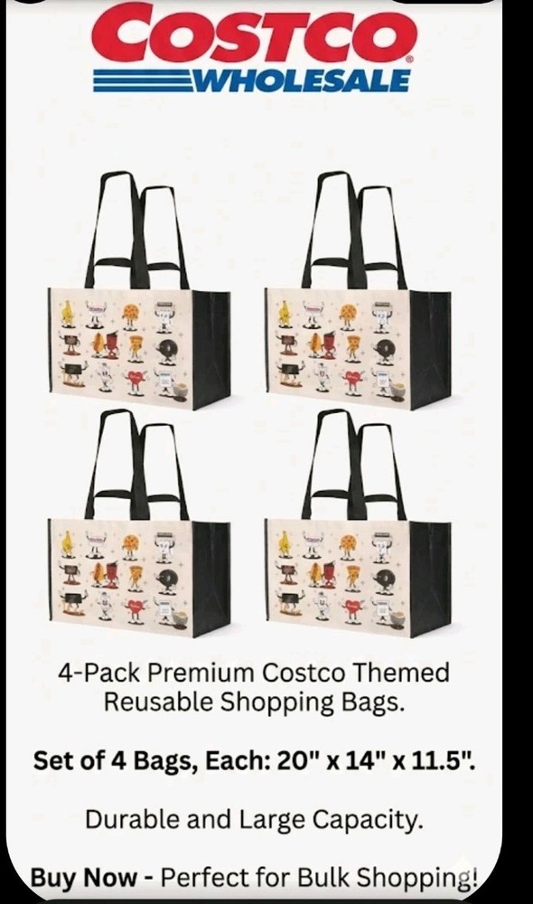 COSTCO KEEP COOL REUSABLE CHARACTER TOTE SHOPPING BAGS -4 BAGS -LARGE HEAVY DUTY