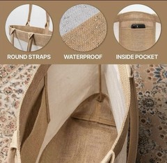 Beige/White Solid Reusable Tote Shopping Bag, Waterproof, Inside Pocket – 2 pack