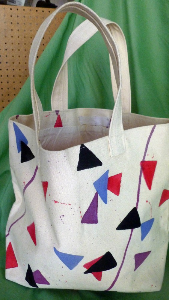 TOTE BAG Canvas ORIGINAL Red Purple Black HAND PAINTED Triangles UNUSED USA