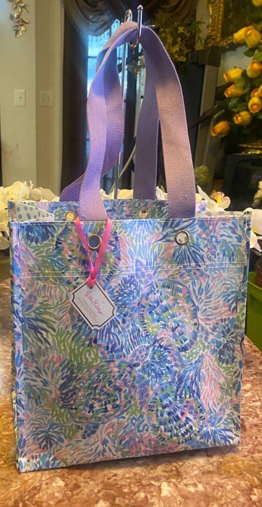 NWT Lilly Pulitzer Purple Blue Reusable Grocery Market Shopper Tote Bag