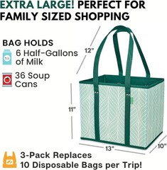Eco-Friendly Heavy-Duty Reusable Grocery Bags 3 Pack – Easy Clean & Store, Green