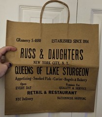 Russ & Daughters Brown Paper Tote Shopping Graphic Print Bag New York Bagel RARE