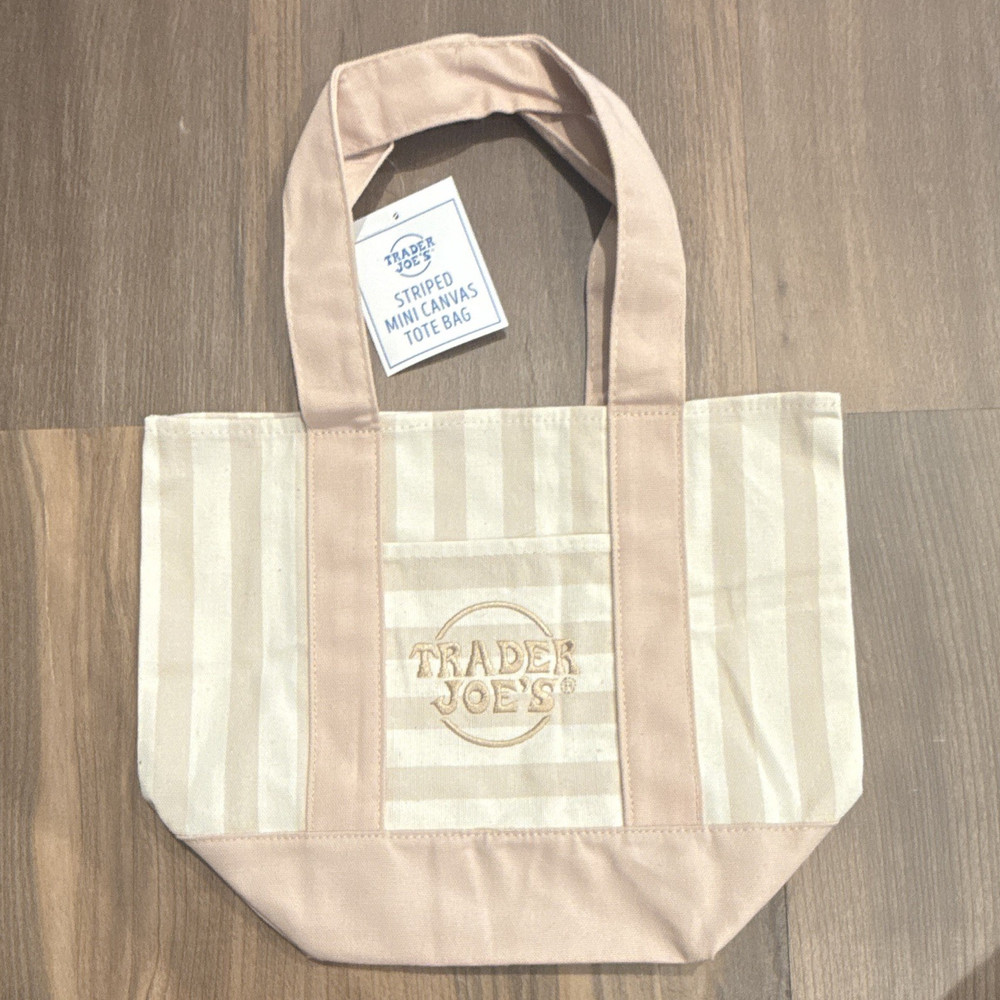 Trader Joe’s Striped Mini Canvas Tote Bag Beige/Pink 13x11x6 in New