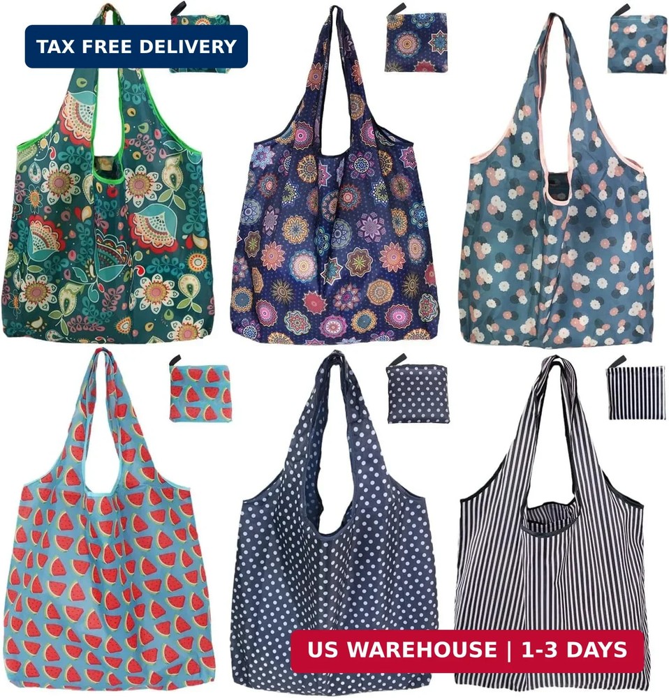 Reusable Grocery Bags, 6 Pack 50Lbs Foldable Fashion Washable Shopping Bags, Lar