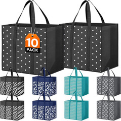 10 Pack Reusable Grocery Bags for Groceries 35L Large Capacity Heavy Duty Waterp