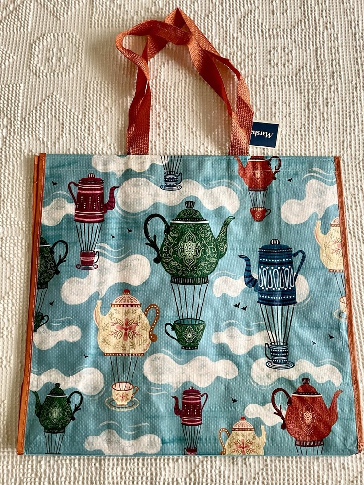 MARSHALLS Large Reusable Shopping Bag Tote Tea Pots and Tea Cups NWT