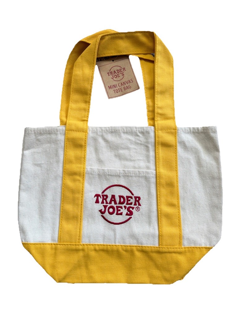NWT Yellow Ecru Trader Joe’s Mini Canvas Tote Bag 2026 Red Embroidery Limited Ed