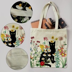 Black Cat Canvas Tote Bag with Zipper Pockets Vintage Flowers Cute Tote Bag A…
