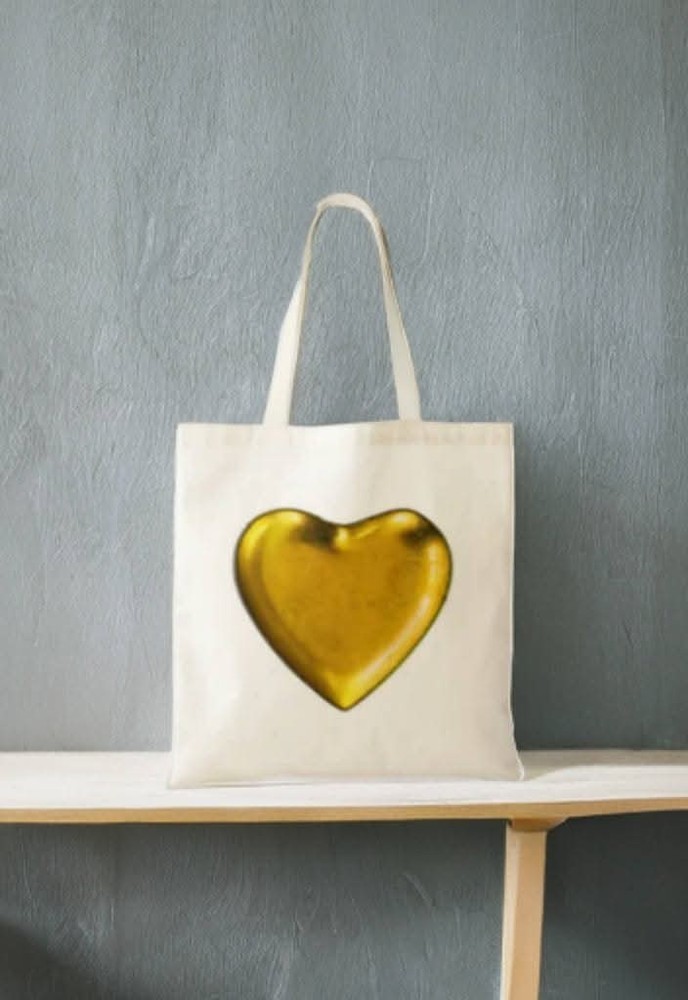 White Canvas Foldable Tote Bag with Gold Heart Design, Modern Style
