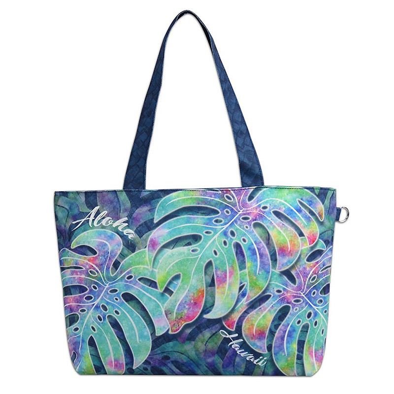 Hawaiian Monstera Print Canvas Beach Tote Shop Bag Handbag Travel Hawaii Island