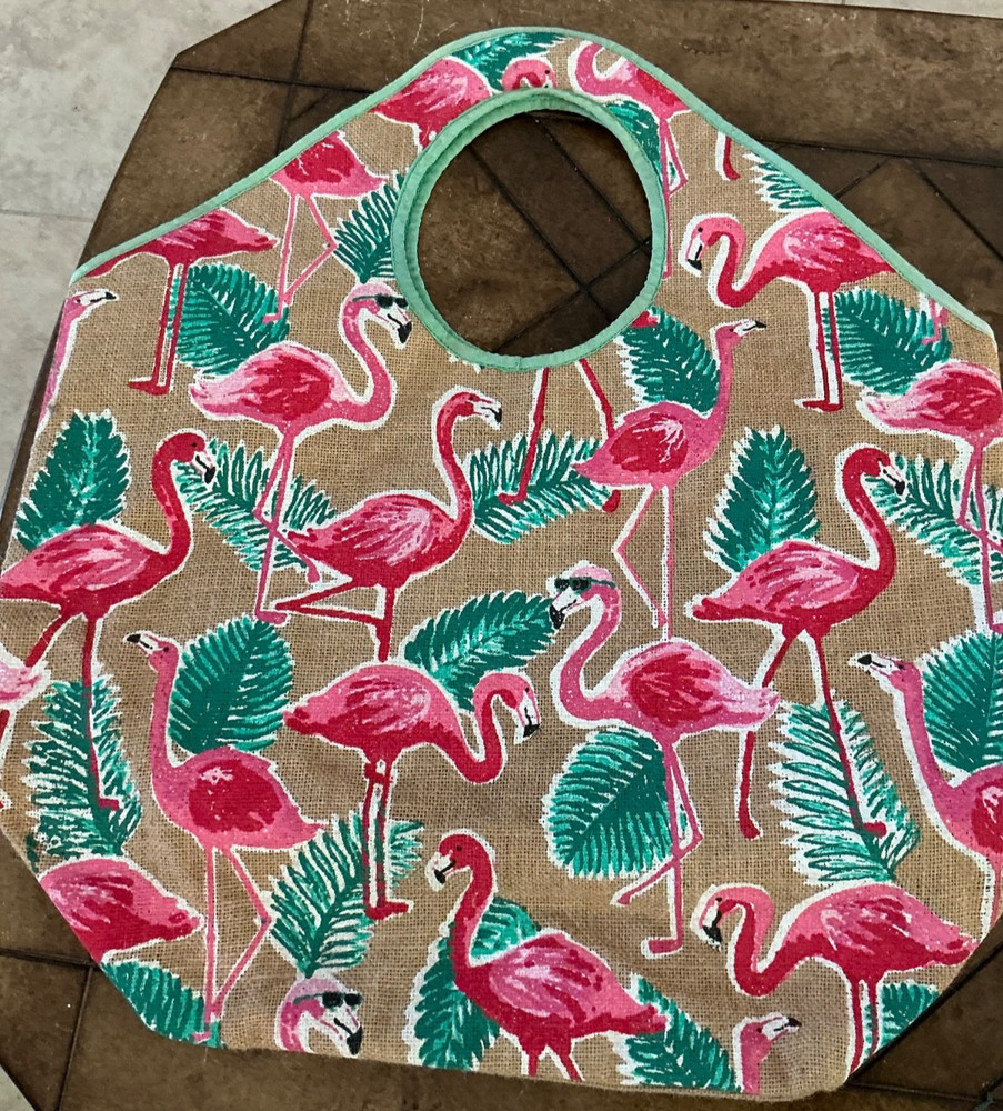NEW TROPICAL EXTRA LARGE Jute BURLAP Tote Bag ~ 20.5″W x 23″T ~ PINK FLAMINGO’S