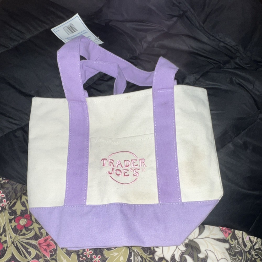 Trader Joe’s Canvas Foldable Tote Bag All-Over Purple White Reusable Shopping