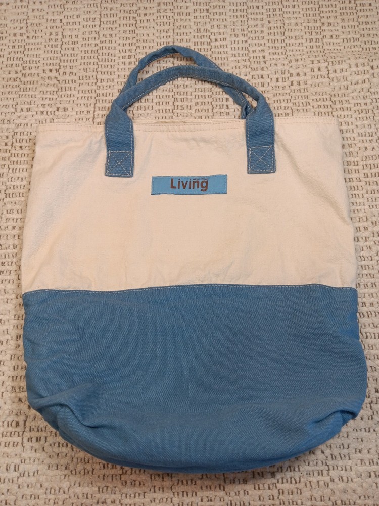Martha Stewart Living Tote Bag Blue Beige Canvas Reusable Shopping Eco Friendly