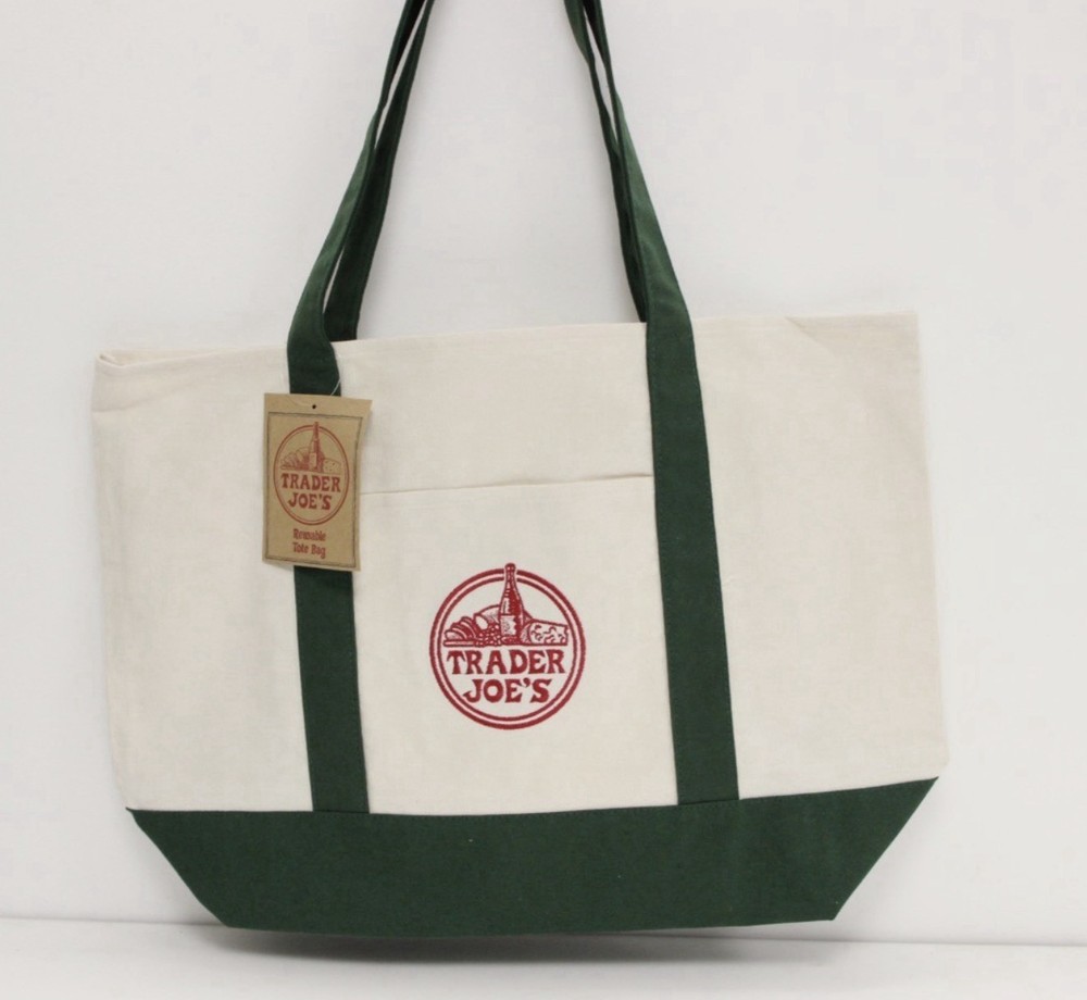 Trader Joe’s Large Canvas Tote Reusable Bag 20x14x6″ Green/White * NEW *