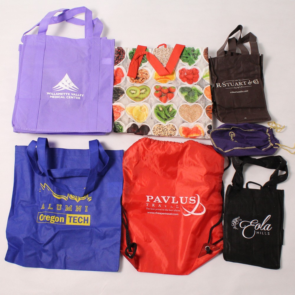 Lot of 7 Varying Brands 6 Reusable Shopping Totes and 1 Draw String Backpack