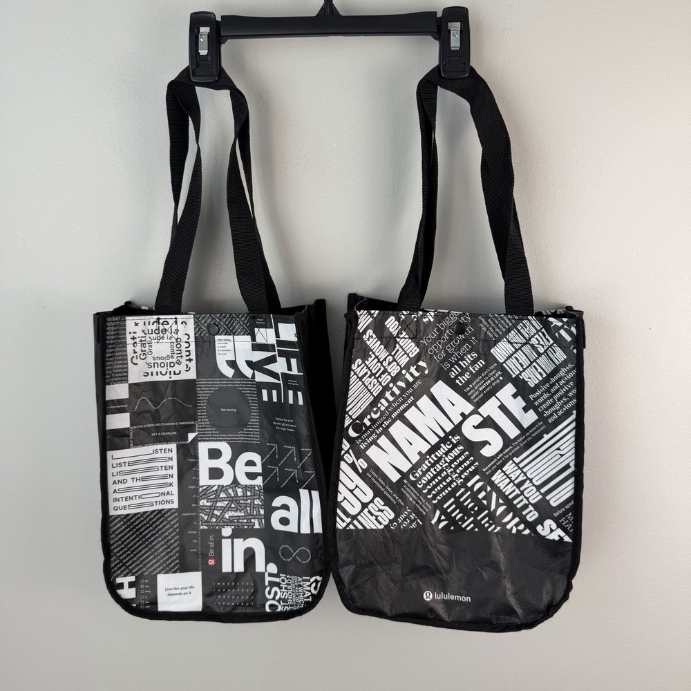 Lululemon Lot of 2 Small Shopping Bags Black/White Text 12″x9″ Snap Yoga