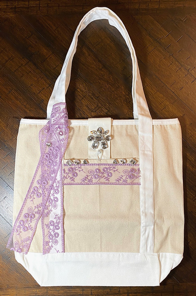 REUSABLE BAG TOTE BAG CANVAS RHINESTONE 14 INCHES x 15 INCHES NEW AND UNUSED