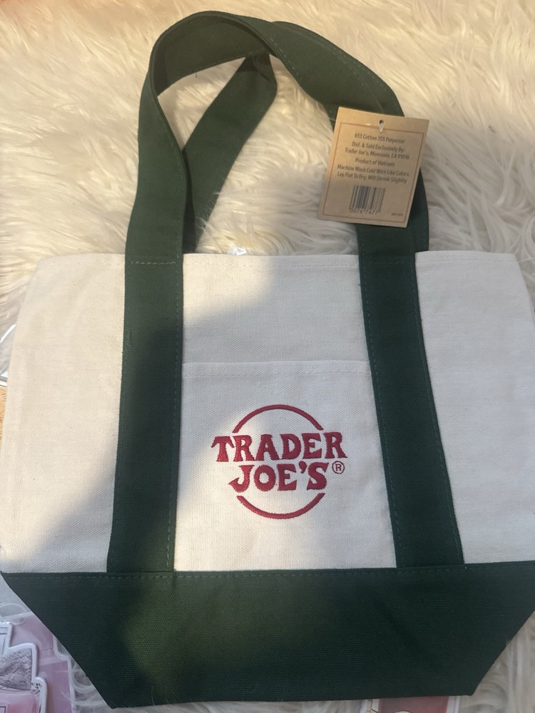 Trader Joe’s Mini Canvas Tote Bag Reusable Foldable Green White Cotton Polyester