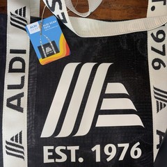 ALDI Mesh Tote Bag Black Est 1976 White Straps Stainless Tumbler & Coin Holder