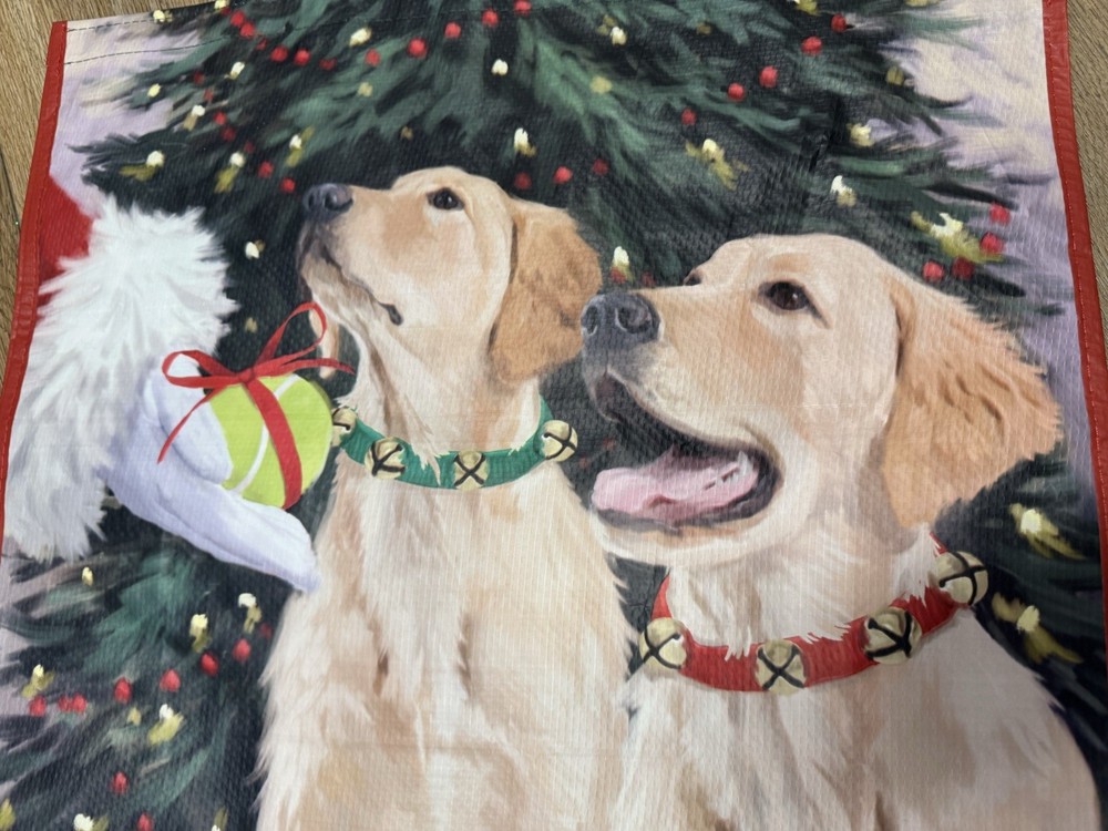 NEW CHRISTMAS Tote Bag 20″ X 18″ X 8″ SANTA TENNIS BALL to GOLDEN RETRIEVERS