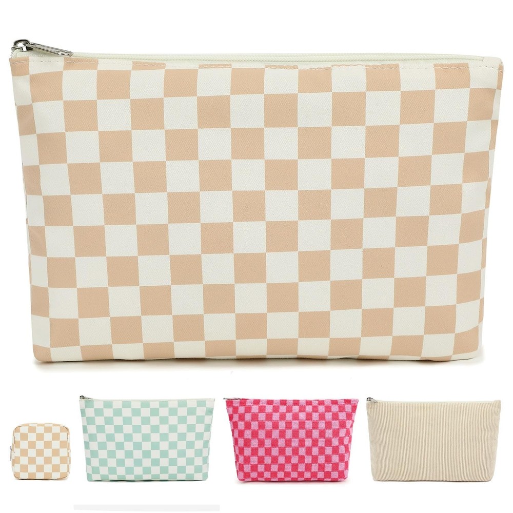 Fammart Checkered Makeup Bag, Travel Cosmetic Bag large, – Khaki