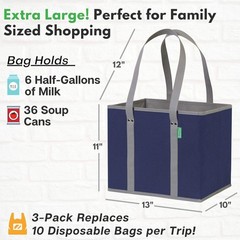 Extra Large Foldable Tote Bags – 3 Pack Navy Blue, Sturdy & Easy to Clean