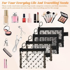 APLZGMG 4Pcs Mini Mesh Bag with Zipper, Heart Print Black and Beige