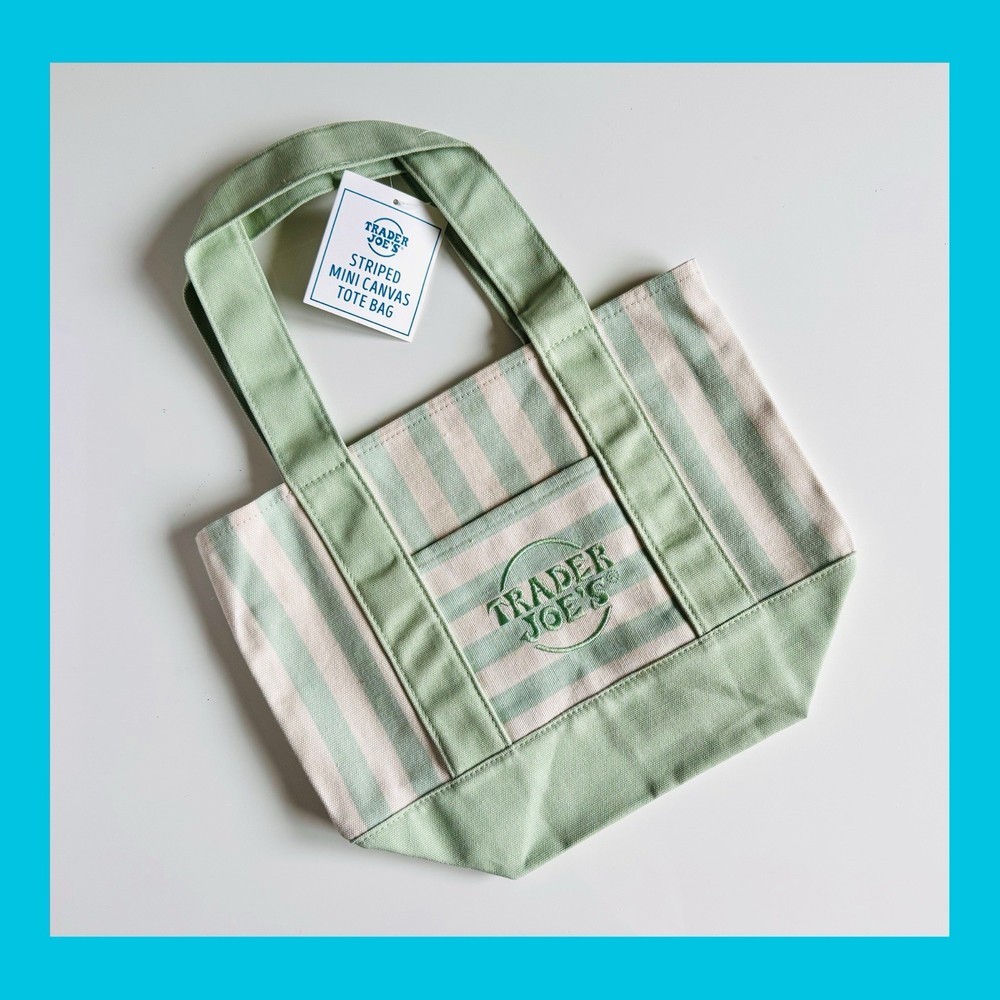 Trader Joe’s Mini Summer 2026 Striped Canvas Tote Bag, Light Green – New