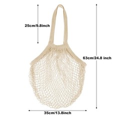3 PCS Cotton Mesh Grocery Bags Reusable Net Tote Long Handle Washable Beige