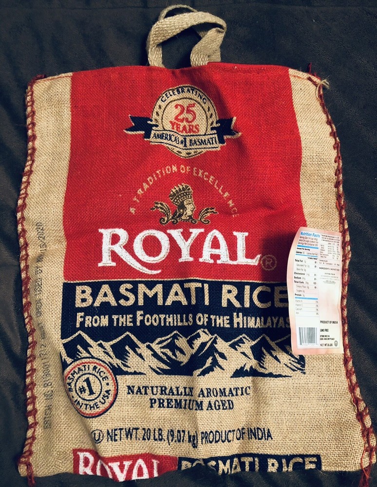 Royal Basmati Rice 20 lb Burlap Bag Sack w/ RED Handles Zipper EMPTY Shopping