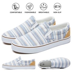 Women’s Slip on Shoes Low Top Canvas Sneakers Loafers 9.5, Light Blue Stripes