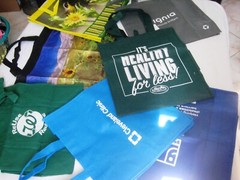 lot of 7 New reusable shopping tote bags canvas, nylon, assorted advertising