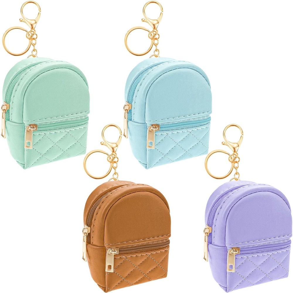 Aswewamt 4 Pcs Mini Backpack Cosmetic Bag Keychain PU Blue+Brown+Green+Purple