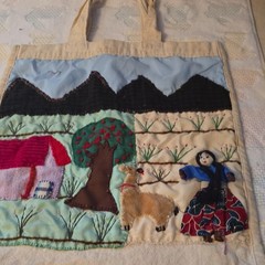 Foldable Canvas Appliqué Reusable Shopping Bag Beige Multicolor