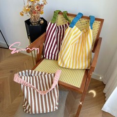 Large Shopping Bag Storage Grocery Reusable Bag Leisure Striped Tote Canvas Bag